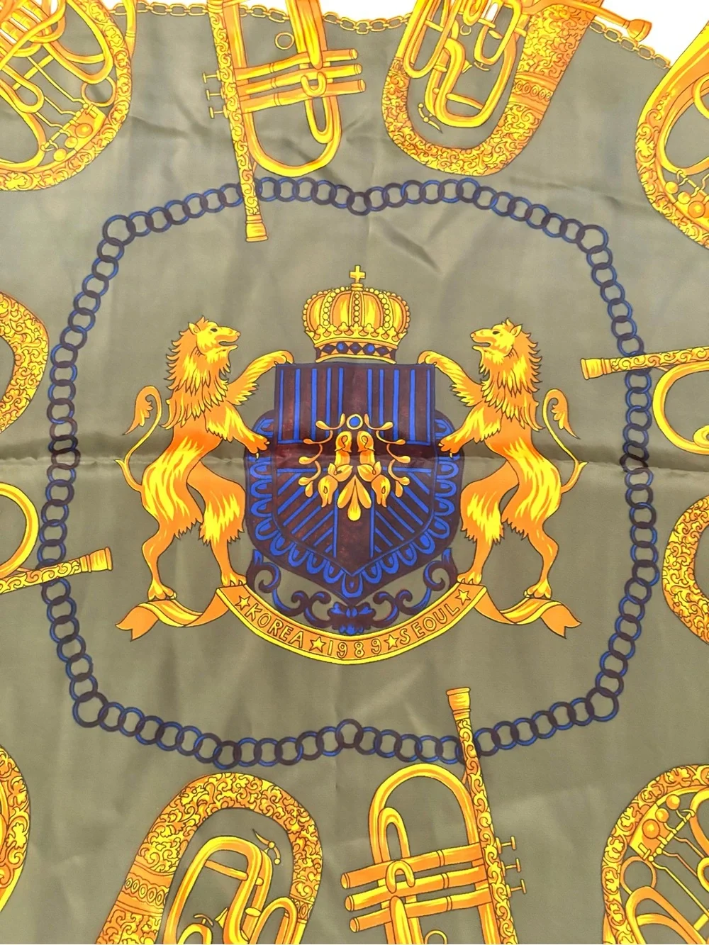 Hermes Olive Green, Gold & Blue Musical Instrument Silk Scarf